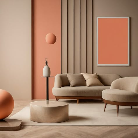 As Pantone's 2024 Color of the Year, Peach Fuzz resonates with our collective need for a joyful embrace, a tactile reminder. · A modern, minimalist living room with a warm peach color scheme, featuring a beige sofa, a round table with a white vase, and a large rectangular artwork. Peach Floor Tiles Living Room, Peach Colour Interior, Salmon Colored Walls Living Room, Tactile Interior Design, Peach Wall Paint Living Room, Living Room Peach Walls, Peach Sofa Living Rooms, Peach Living Room Walls, Peach Fuzz Color