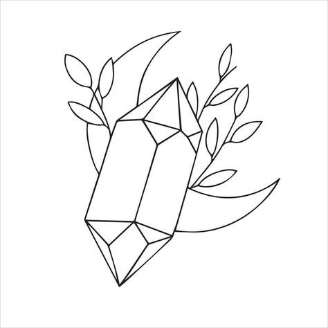 vector line drawing, graphic. mystical, esoteric composition. crystal moon and leaves. celestial Crystal Line Drawing, Gemstones Tattoo, Crystal Line Art, Psychic Art, Hat Burning, Wiccan Art, Crystal Tattoo, Crystal Drawing, Stamp Diy