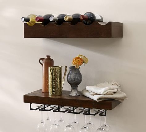 Stylish Kitchen Storage Solutions at Pottery Barn | Apartment Therapy Wine Bottle Shelf, Wine Glass Shelf, Glass Shelves In Bathroom, Glass Shelves Decor, Glass Shelves Kitchen, Decor Ikea, Kitchen Storage Solutions, Mirror With Shelf, Kitchen Sale