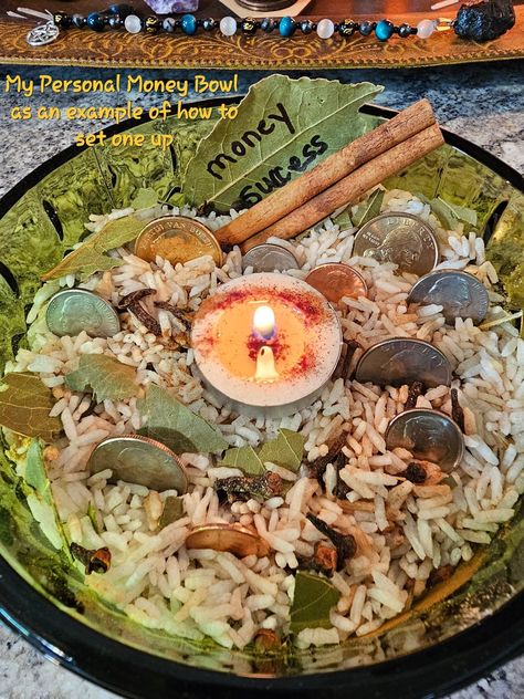 Attracting Money Crystal Money Bowl, Money Bowl Witchcraft, Money Alter, Abundance Altar, Money Bowl Spell, Luck Drawing, Abundance Bowl, Money Bowl, Money Flowing