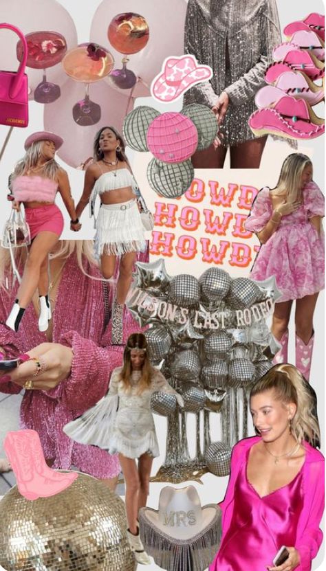 Retro Cowgirl Bachelorette Party Outfits, Cowgirl Theme Bachelorette Party Outfit, Pink Bach Outfits, Cowgirl Bachelorette Party Outfits Pink, Disco Cowgirl Bachelorette Outfit Pink, Cowgirl Themed Hens, Space Cowgirl Themed Bachelorette Party, Aesthetic Cowgirl Party, Pink Disco Cowgirl Aesthetic