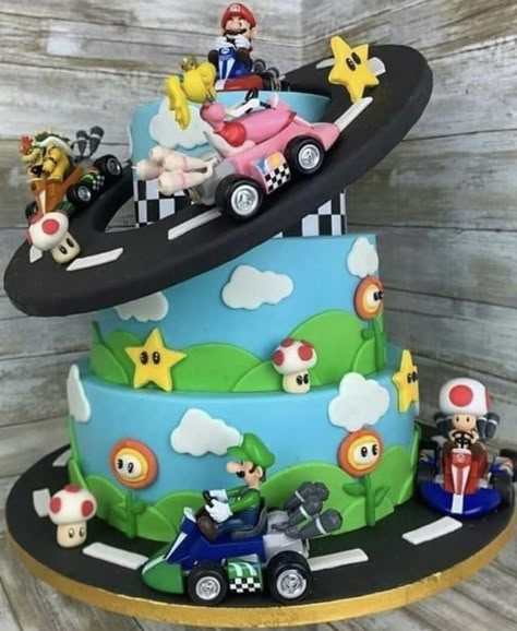 Super Mario Bros Party Ideas Cake, Super Mario Kart Cake, Mario Theme Cake, Mario Kart Birthday Cake, Mario Bros Birthday Cake, Mario Brothers Cake, Super Mario Birthday Cake, Super Mario Bros Cake, Mario Kart Cake