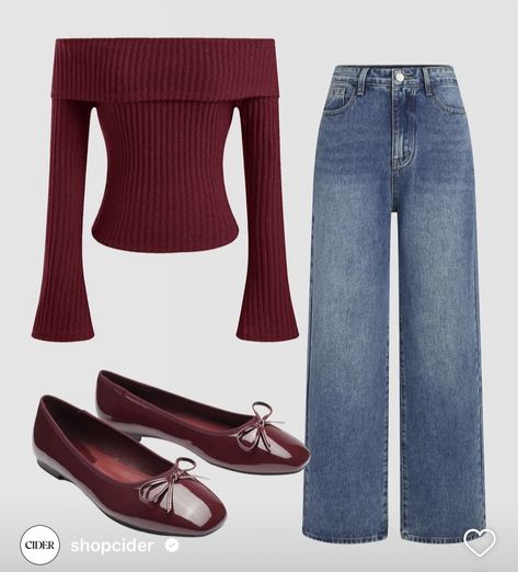 Burgundy Flats Outfit, Red Cherry Aesthetic, Red Outfit Casual, Ballerina Flats Outfit, Dark Red Cherry, Off The Should Dress, Burgundy Flats, Red Cherry, Red Outfit