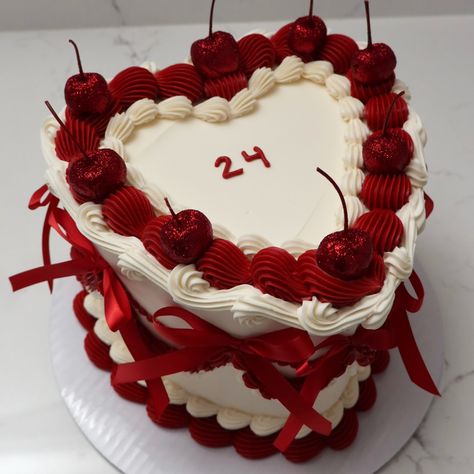 24 🍒❤️ ✨ - Cake Details - Size: Standard 7” (two layers) Add-ons: Red bows (not edible) + glitter cherries (edible) currently not available #emmacakesseattle #seattle #seattlecakes #heartcake #vintagecake #redcake Christmas Heart Cake, Happy 19th Birthday Cake, Heart Cake With Cherries, Red Vintage Cake, Birthday Cake Cherry, Cherry Birthday Cake, Birthday Cake Pics, Red And White Cake, Red Birthday Cake