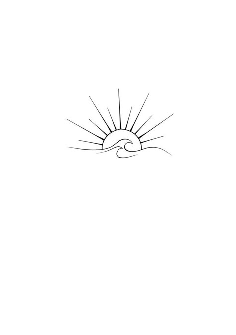 Sunset With Waves Tattoo, Sun And Surf Tattoo, Half Sunset Tattoo, Sun And Wave Drawing, Mother Sun Tattoo, Ocean Love Tattoo, Fineline Sunset Tattoo, Elegant Line Art, Day And Night Tattoo Matching