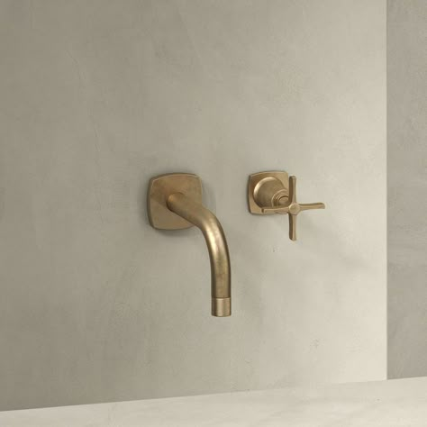 Earthy Bathrooms, Brass Shower Fixtures, Global Aesthetic, Brass Bathroom Fixtures, Brass Bathroom Hardware, Tribeca Loft, Wall Faucet, Concrete Bathroom, Watermark Design