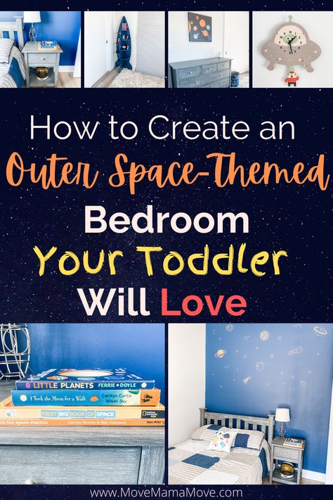 Space Themed Bedroom Toddler, Outer Space Themed Bedroom, Diy Space Themed Bedroom, Space Themed Rooms For Boys, Outer Space Toddler Room, Boys Space Room Ideas, Space Theme Toddler Room, Diy Space Room Decor, Kids Space Theme Bedroom