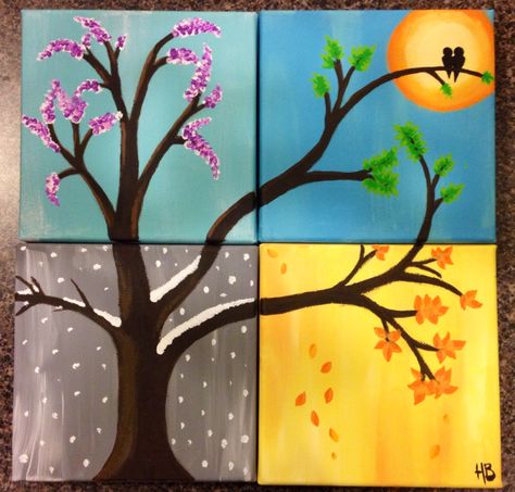 the four seasons, acrylic paints, 4 canvases, made by me:) 4 Season Painting Canvases, 4 Seasons Drawing, 4 Seasons Painting, Four Seasons Painting, Four Seasons Art, Canvas Painting Projects, Small Canvas Paintings, Paint Nite, Paint Night