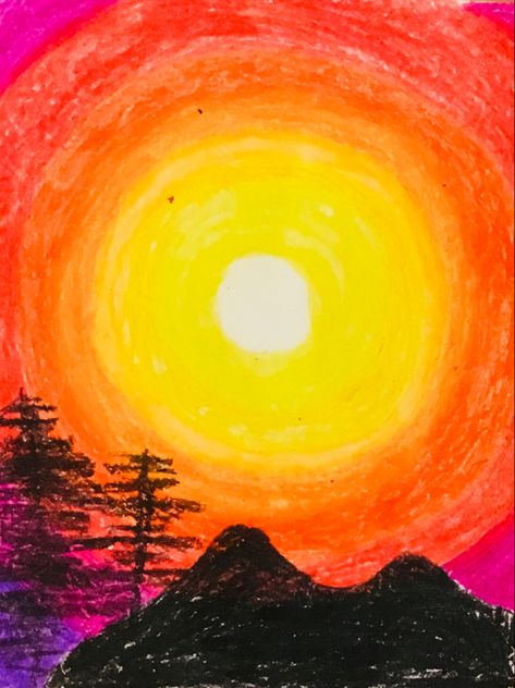 Sunset Drawing, Drawing Sunset, Drawing Technology, Crayon Painting, Sun Drawing, Color Crayons, Crayon Art, Summer Sunset, Pastel Art