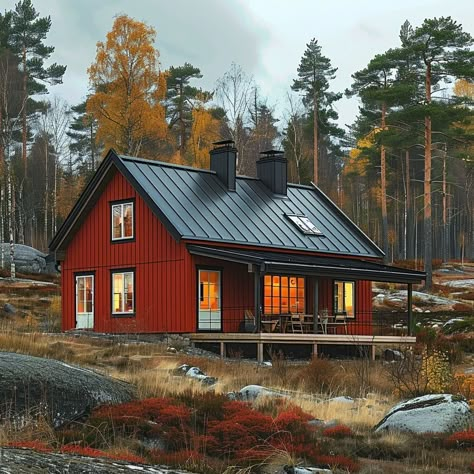 Cabins With White Windows, Scandinavian Architecture Traditional, Red Scandinavian House, Swedish Architecture Traditional, Traditional Swedish House, Scandanavian House Exteriors, Norwegian House Exterior, Swedish House Exterior, Small Scandinavian House