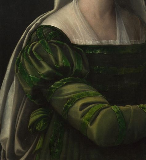 Sebastiano del Piombo - Portrait of a Lady with the Attributes of Saint Agatha  detail Saint Agatha, A Lady, Green Dress, A Woman, Green, White, Art