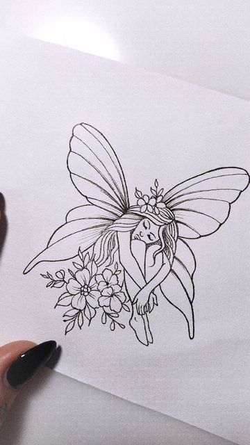 Fairy Rose Tattoo, Like Work Tattoo Ideas, Fae Fairy Tattoos, Line Work Fairy Tattoo, Fairy Tattoo With Flowers, Fairy Patchwork Tattoo, Line Art Fairy Tattoo, Fairy Tattoo Collarbone, Fairy Lady Tattoo