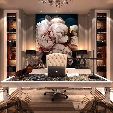 So many offices have a masculine look. This one stands out to me because it’s a great balance of power with feminine touch.… Luxury Office, Dream Office, Office Inspo, Famous Designer, Home Office Space, Home Office Ideas, Office Room, Home Offices, Office Inspiration