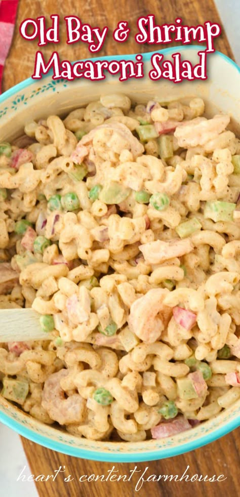 Shrimp Macaroni Salad with Old Bay Shrimp Pasta Salad Recipes Cold, Shrimp And Pasta Salad, Shrimp Macaroni Salad, Shrimp Macaroni, Pasta And Veggies, Shrimp Pasta Salad, Pasta Side, Salad Buffet, Seafood Salad Pasta