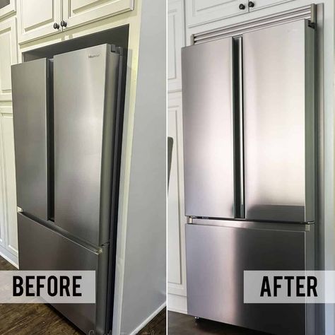 Fridge Panel Diy, Trim Around Fridge, Relocate Refrigerator Kitchen Layouts, Refrigerator Trim Kit, Standard Depth Refrigerator In Kitchen, Kitchen Refrigerator Ideas, Refrigerator Placement In Kitchen, Fridge Side Panel, Refrigerator Cabinet Surround