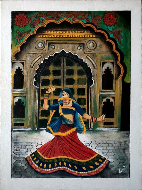 Rajasthani folk dancer 🎨🖌️ Rajasthani Women Illustration, Rajasthani Dance Painting, Rajasthani Art Paintings Canvases, Rajasthani Traditional Paintings, Rajasthani Lady Painting, Rajasthani Art Paintings, Rajasthani Wallpaper, Rajasthan Drawing, Rajasthani Drawing