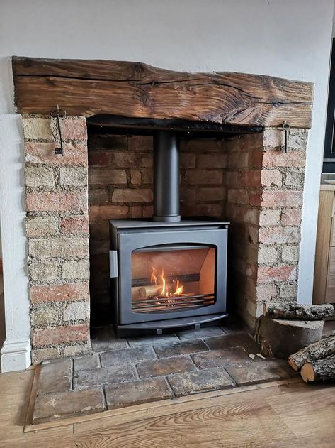 Wood Stove In Fireplace, Stove Corner Ideas, Corner Wood Stove, Wood Stove Surround, Wood Stove Hearth, Wood Burner Fireplace, Wooden Stove, Wood Burning Stoves Living Room, Log Burner Living Room