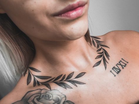 Laurel Tattoo, Laurel Wreath Tattoo, Collar Tattoo, Clavicle Tattoo, Nape Tattoo, Wreath Tattoo, Side Neck Tattoo, Necklace Tattoo, Ear Tattoo Ideas