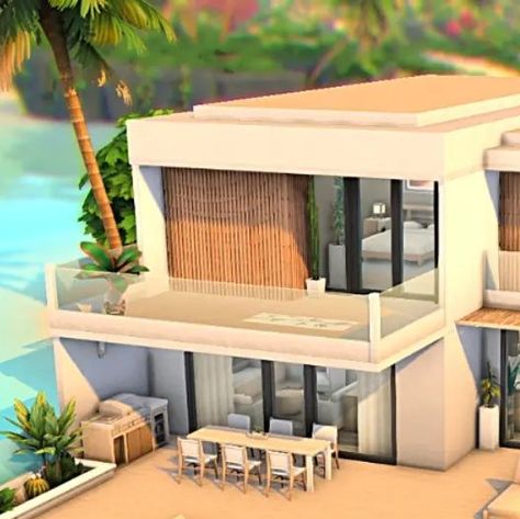 Sims4 Tree House, Modern Beach House Sims 4, Sims Island House, Island House Sims 4, Sims 4 Beach Mansion, Ts4 Beach House, Sims 4 Greek House, Sims Island Living House, Sims Island Living