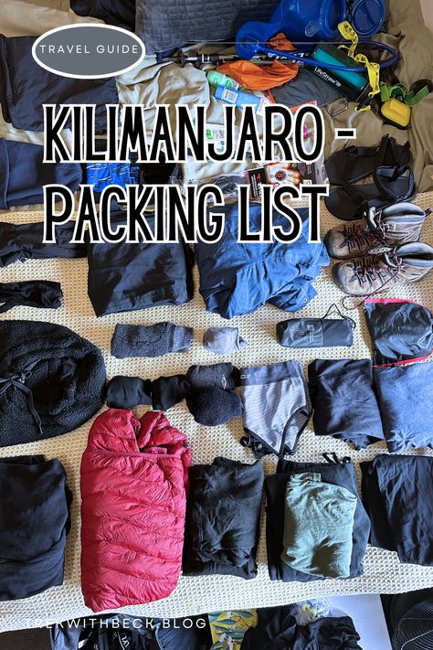 A complete packing list for summiting Kilimanjaro! This list was created after I had summited - so I have cut out all the unnecessary items and listed only the essentials. Kilimanjaro Packing List, Kilimanjaro Summit, Porter Bag, Baggy Tops, Wide Mouth Water Bottle, Mount Kilimanjaro, Packing Guide, Thermal Leggings, Wool Gloves