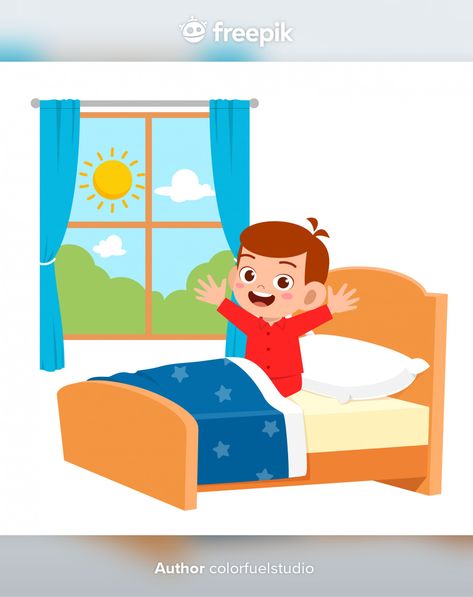 Happy cute little kid boy wake up in the... | Premium Vector #Freepik #vector #cartoon #comic #kids #boy Waking Up Cartoon, Wake Up Pictures, Wake Up Cartoon, Good Morning Drawing, Waking Up, Good Habits For Kids, Morning Drawing, Family Tree Clipart, Paper Origami Flowers