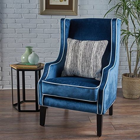 Edell Traditional Cobalt Velvet Two Toned Club Chair with Light Blue Accent Piping Blue Wingback Chair, Velvet Wingback Chair, Wingback Accent Chair, Bg Design, Single Sofa Chair, High Back Chairs, Velvet Chair, Noble House, Velvet Armchair