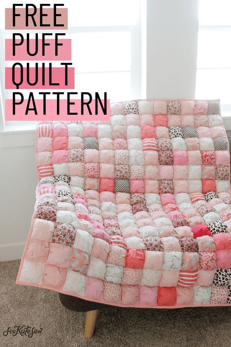 Puff Quilt Tutorial Charm Pack Friendly - see kate sew How To Puff Quilt, See Kate Sew, Quilted Floor Cushion, Puffed Quilt Blanket, Cozy Puff Quilt, Ombré Puff Quilt, How To Make A Puff Quilt For Beginners, Puffy Quilt Blanket, How To Quilt Fabric