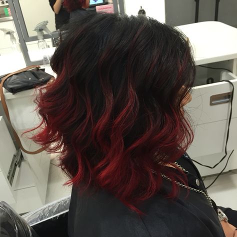 Black And Red Hair Short Wolfcut, Black Roots Red Hair, 3am Aesthetic, Black Hair With Red Highlights, Red Hair Tips, Charcoal Hair, Black Red Hair, Hair Dye Tips, Red Balayage