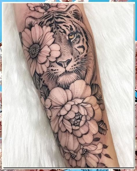 Jungle Animal Tattoos, Animal Tattoos For Women, Lower Arm Tattoos, Tiger Tattoo Sleeve, Animal Sleeve Tattoo, Animal Tattoo Ideas, Tattoos For Women Half Sleeve, Floral Tattoo Sleeve, Forearm Tattoo Women