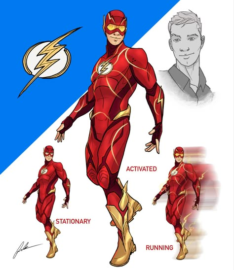 The Flash Comic Style Full Redesign - I wanted to try and keep him close to the classic look while still making it functional/borrow from modern versions. I also added visors because it was just weird he didn’t have them going that fast. He has sorta an off mode that he uses when going normal speed, but then when he goes fast the suit activates the lens and channels the lightning to power the suit (stored in the symbol) He also has hard armor parts in high impact areas. ⚡️ ⚡️ ⚡️ #art #design #re Flash Oc, Flash Suit Design, Flash Suit, Flash Suit Concept Art, Flash Oc Suit, Speedster Suit Designs, The Flash Oc Suit, Flash Redesign, Flash Suit Redesign