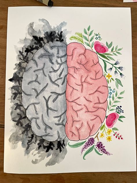 My personal interpretation and expression of what my brain is like with the two extremes of bipolar disorder. Drawings Of Emotions, Art Burnout, Person With Brain Drawing, Displacement Art, Painting Mental Health, Brain Drawing Creative, Psychology Aesthetic Art, Mental Health Draws Ideas, Brain Painting