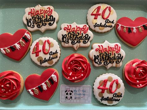 Red And Black Cookies, Birthday Barbecue, Happy Birthday Cookie, 49 Birthday, Sugar Cookie Royal Icing, 40 And Fabulous, White Cookie, Happy 50th Birthday, 22nd Birthday