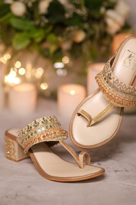 Bridal Footwear Indian Heels, Indian Footwear, Block Heels Wedding, Indian Sandals, Fancy Sandals, Zardozi Work, Leather Embroidery, Footwear Design, Traditional Indian Dress