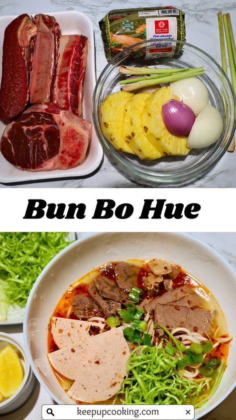 Bun Bo Hue, Vietnamese Beef Noodle, Hue Beef Noodle Bun Bo Hue Recipe, Thick Rice Noodles, Bun Bo Hue, Simple Bun, Onion Sprouts, Vietnamese Beef, Vietnamese Noodles, Beef Shank, Noodles Soup