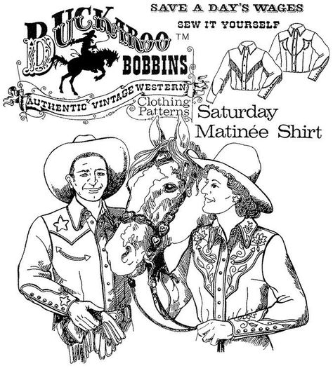 Buckaroo Bobbins Sewing Pattern for authentic vintage Western clothing.Saturday Matinee ShirtPattern package includes 4 styles.Men's and Ladies' sizes XS-6X (See size chart)Pattern condition: Uncut, factory folded and complete with instructions~ Item for sale is a sewing pattern, not a fini Sewing Pattern Men, Western Shirt Men, Girls Western Shirts, Women Sewing, Kwik Sew Patterns, 1970s Sewing Patterns, Women's Sewing Pattern, Western Style Shirt, Shirt Sewing Pattern