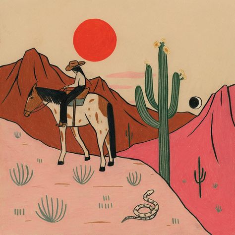 Handmade and individually painted Western Desert Painting, Mexico Drawing, Painted Bedroom Doors, Cowboy Drawing, Western Illustration, Desert Inspired Decor, Cowgirl Pinup, Desert Pattern, Rodeo Art