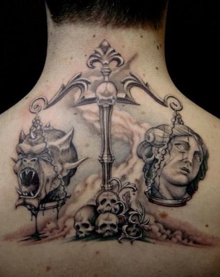 tattoo Libra Scale Tattoo, Good And Evil Tattoos, Libra Tattoos, Good Versus Evil, Taurus Constellation Tattoo, Balance Tattoo, Evil Tattoo, Samurai Tattoo Design, Libra Tattoo