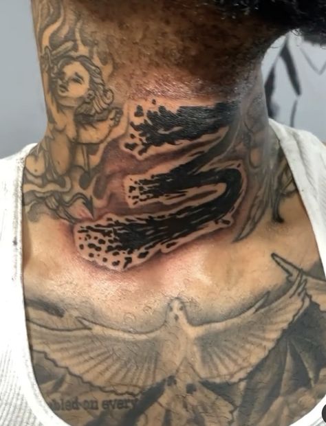 Center Neck Tattoo, Middle Neck Tattoo Men, Behind Ear Tattoo Men, Throat Tattoo Men, Men Neck Tattoo, Neck And Throat Tattoos Men, Hood Neck Tattoo For Guys, African American Tattoos, Front Neck Tattoo