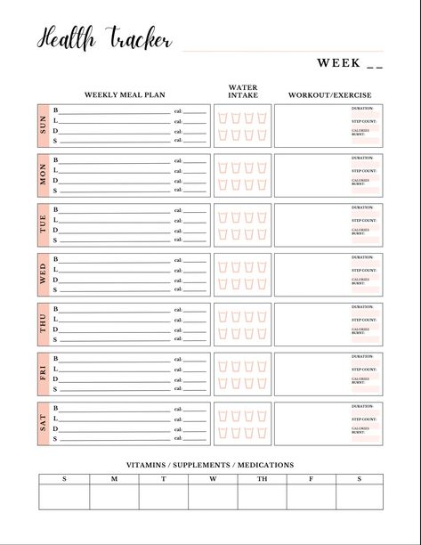 Healthy Planner Ideas, Healthy Eating Checklist, Workout And Meal Planner, Meal Prep Tracker, Health Planner Ideas, Diet Planner Ideas, Noteful Templates, Meal Tracker Template, Healthy Food Planner