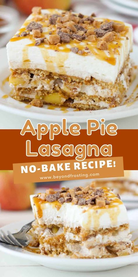 This Apple Pie Lasagna is a no-bake dessert that's made up of layers of graham cracker topped with caramel brown sugar cream cheese, homemade apple pie filling, whipped cream, and Heath toffee bits. Oatmeal Apple Pie, Cream Cheese Homemade, Baked Caramel Apples, Baked Apple Oatmeal, Oatmeal Apple, Toffee Chips, Homemade Apple Pie Filling, Baked Caramel, Homemade Apple Pie