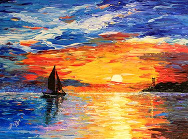 Sunset Texture Painting, Ship Painting Acrylic, Sea Sunset Painting, Paintings Romantic, Acrylic Sunset, Sunset Paintings, Acrylic Palette, Painting Romantic, Sunset Acrylic