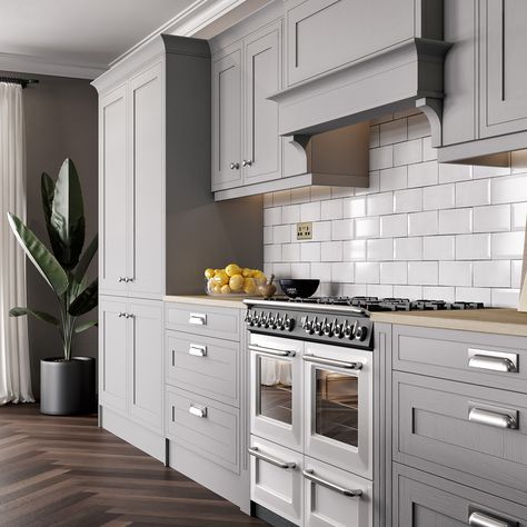 Grey Hamptons Kitchen, Oyster Grey Kitchen, Grey Kitchen Colour Scheme, Grey Kitchen Ideas, Hampton Style Kitchen, Hampton Kitchen, Grey Kitchen Colors, Grey Painted Walls, Hamptons Kitchen