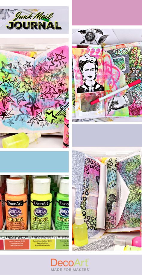 Turn your junk mail into a colorful art journal with Mark Montano using Americana Neons! Mark Montano, Junk Journaling Ideas, Journal Videos, Journal Things, Junk Mail, Mixed Media Techniques, Coloring Art, Neon Art, Journal Art