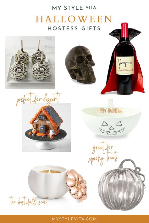 Halloween Hostess Gift Ideas - Halloween decor and presents for the host Halloween Hostess Gift Ideas, Halloween Hostess Gifts, Halloween Gingerbread House, Halloween Candy Apples, Hostess Gift Ideas, Spooky Candy, Entertaining Tips, Gourmet Candy, Seasonal Candles