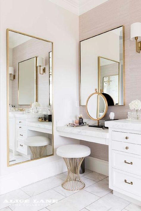 Gold full-length mirror beside a makeup vanity topped with marble counters dropped from a washstand with white shaker cabinets and brass hardware. Trendy Bathroom, Simple Bathroom, Beauty Room, Design Case, 인테리어 디자인, Decor Interior Design, Bathroom Interior, Gold Accents, Bedroom Interior