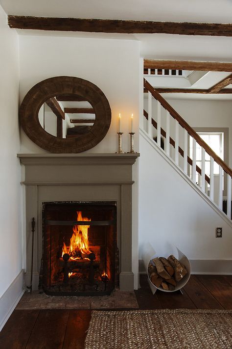 thebrownstonebabe:  Via The Selby North Fork of Long Island Fireplace Ideas Farmhouse Rustic, Space Saving Staircase, Modern Country Living, Fresh Farmhouse, Amazing Spaces, Cozy Fireplace, Family Room Design, Modern Country, Colonial House