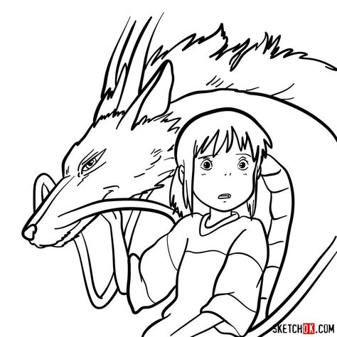 How to draw Chihiro and Haku in dragon form How To Draw Ghibli Characters, Studio Ghibli Outline, Chihiro Drawing, Haku Drawing, Ghibli Outline Art, Haku Drawing Dragon, Chihiro And Haku Drawing, Witch Drawing, Chihiro Y Haku