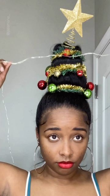 Christmas Lights In Hair, 3 Person Ugly Christmas Sweater, Christmas Hair Ideas, Christmas Tree Hair Updo, Sock Buns, Sisterlocks Styles Updo, Christmas Tree Hair, Sisterlocks Styles, Christmas Hairstyles