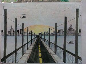 Brug naar de stad Perspective Lessons, 1 Point Perspective, 8th Grade Art, Perspective Drawing Lessons, Art Lessons Middle School, One Point Perspective, 4th Grade Art, 5th Grade Art, Creation Art