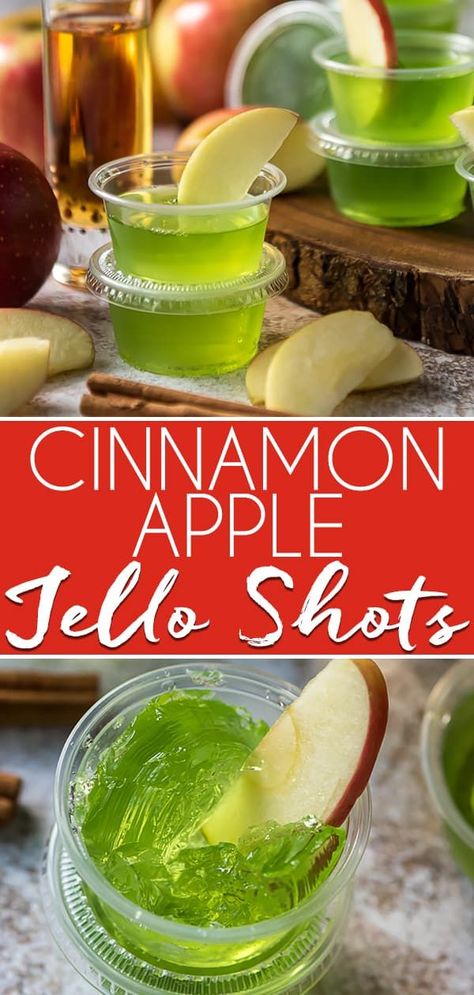 These fun, spicy Cinnamon Apple Jello Shots are a seasonal twist on a party favorite! Skip the vodka and opt for cinnamon whiskey paired with green apple gelatin for this crowd pleasing recipe! #crumbykitchen #jelloshots #cinnamon #apple #cocktails #jello #fireball #whiskey #partytreats Apple Jello Shots, Malibu Jello Shots, Mojito Jello Shots, Fireball Jello Shots, Cherry Jello Shots, Apple Cocktails, Strawberry Jello Shots, Watermelon Jello Shots, Easy Jello Shots